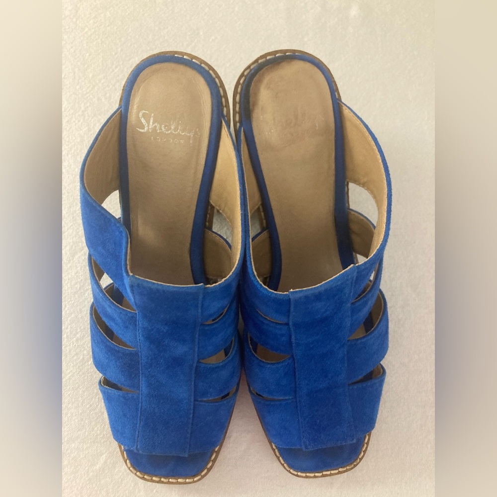 Shelly’s of London Slides. Still in great shape blue wood healed suede.